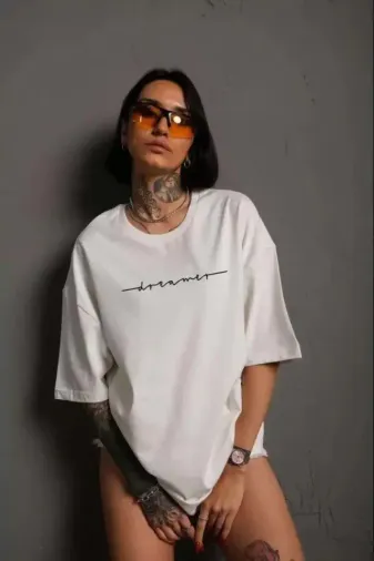 Unisex Bisiklet Yaka Baskılı T-Shirt - Beyaz - XL - Beyaz