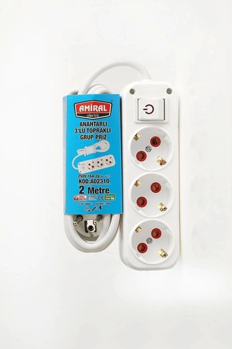 ureticiniz 55AH-AH-AVH-936 Amiral 3' Lü Topraklı Anahtarlı 2 Metre Kablolu Grup Priz 1