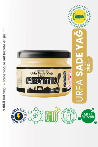 URFARM SADEYAG250 Sadeyağ (Ghee) 250 Gr – Sadece Koyun, Temiz Süt Laktozsuz, Kazeinsiz, Ketojenik Saf Yağ Coğrafi İşaretli Sade Yağ