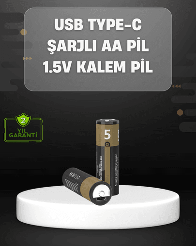 Usb Type-c Girişli Şarjlı Aa Lityum Pil | 1.5v Sabit Çıkış | 3200mwh (2'li Paket)