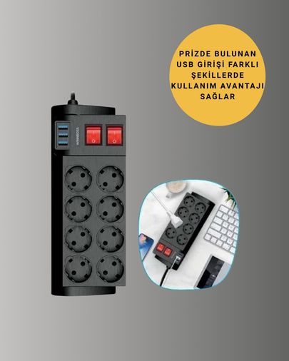 VINTESSY TKNUCZZZ8LİPRİZ-2MKR Akım Korumalı 8 Li Priz 3 Usb Li Uzatma Kablosu Isıya Dayanıklı 2 Metre Standart
