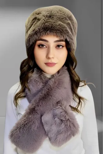 VMD24 Kadın Vegan Kürk Kalpak-Atkı Set