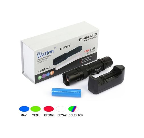 Watton TrLat0GF001K-GUVF-573-BLNCC 10W 2000 Lümen 4 Renk Güçlü El Feneri Wt-605 Çok Renkli