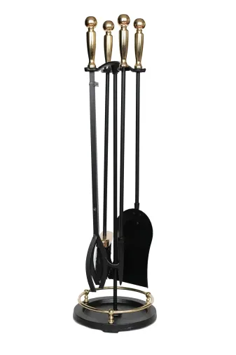 WOODSHUT SGSS-38015 5 Li Premium İthal Döküm Gold Başlıklı Yuvarlak Şömine - Soba Maşa Takımı Aksesuar Seti