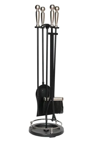WOODSHUT SGSS-38015GU 5 Li Premium İthal Döküm Gümüş Başlıklı Yuvarlak Şömine - Soba Maşa Takımı Aksesuar Seti