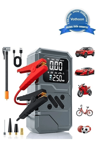 YNT İthalat EM-9654 St-9654 Şarjlı 10.000 Mah Taşınabilir Araç Hava Kompresörü Akü Takviyeli Dijital Ekranlı Işıklı