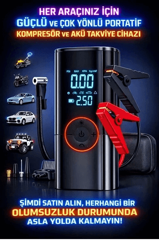 YNT İthalat EM-akü147 St-9650 Şarjlı 10.000 Mah Taşınabilir Araç Hava Kompresörü Akü Takviyeli Dijital Ekranlı Işıklı Çantalı