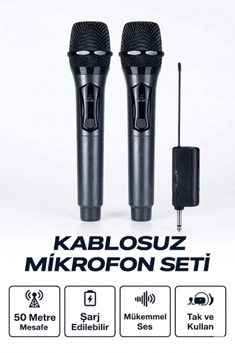 YNT İthalat EM-mıkyenı Profesyonel Çiftli Kablosuz Mikrofon Seti Karaoke Şarj Edilebilir 50 Metre