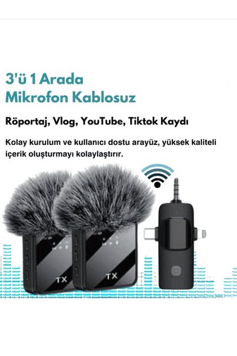 YNT İthalat EM-yaka1 Yüksek Kalite Profesyonel 3 In 1 Kablosuz Taşınabilir Yaka Mikrofonu Tüylü
