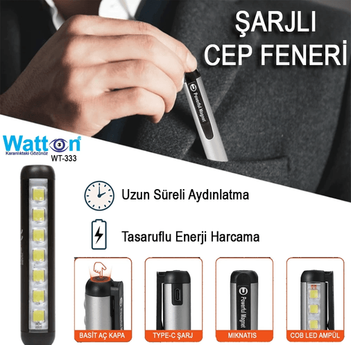 YNT İthalat GF-GUVF-567 Type-C Girişli Mıknatıslı Şarjlı Cep Feneri  Wt-333