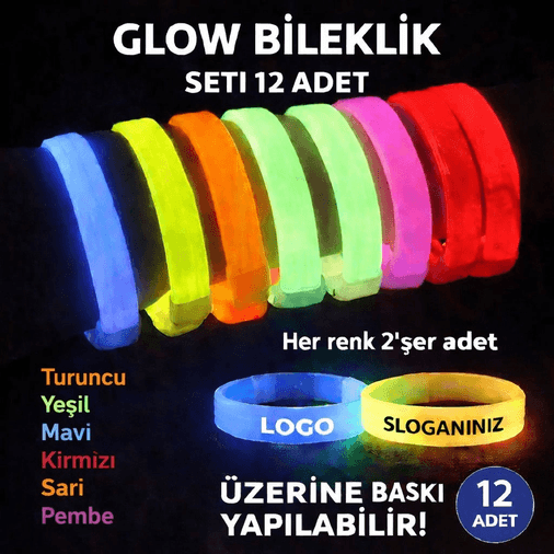YNT İthalat SM-F021-12 Glow Kalın Bileklik 12’Li Set | Baskıya Uygun Renkli Model