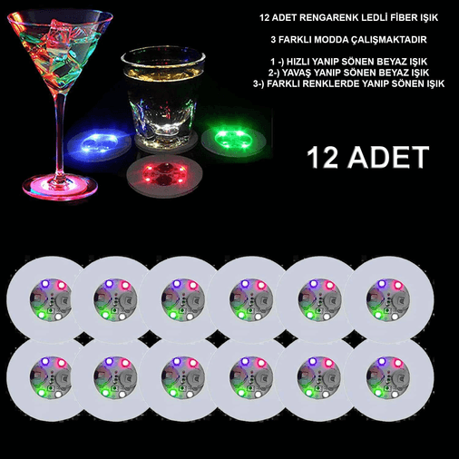 YNT İthalat SM-SMR-E018-12 Renkli Led Işıklı Bardak Altlığı - Dekoratif (12 Adet, Pilli)
