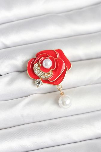 Youday Accessories BR469-BLNC Kırmızı Gül İncili Model Broş Altın - Kırmızı