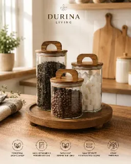 Yuvarlak Standlı Akasya Kapak 3lü Cam Saklama Kavanozu