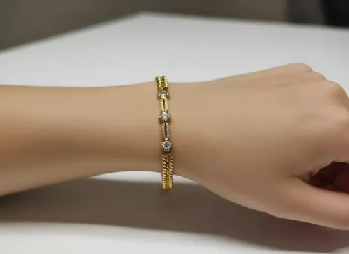 Zirkon Detaylı İkili Halat Zincir Bileklik Altın Rengi Burgu Model