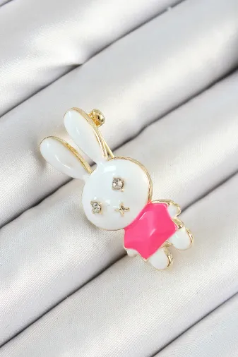 Zirkon Taş Detaylı Beyaz Ve Pembe 3D Tavşan Figürlü Kadın Broş TJ-BR436