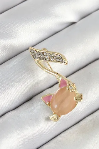Zirkon Taşlı 3D Kedi Detaylı Nota Figürlü Gold Renk Kadın Broş TJ-BR444