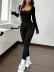 Kadın Uzun Kollu Kare Yakalı Parmaktan Geçmeli Uzun şardonlu Dalgıç Tulum - 3XL - Siyah 1